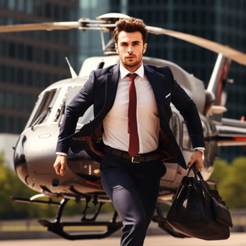 A professional emergency response manager swiftly exiting a helicopter, symbolizing Acute PMC's rapid deployment for project crises