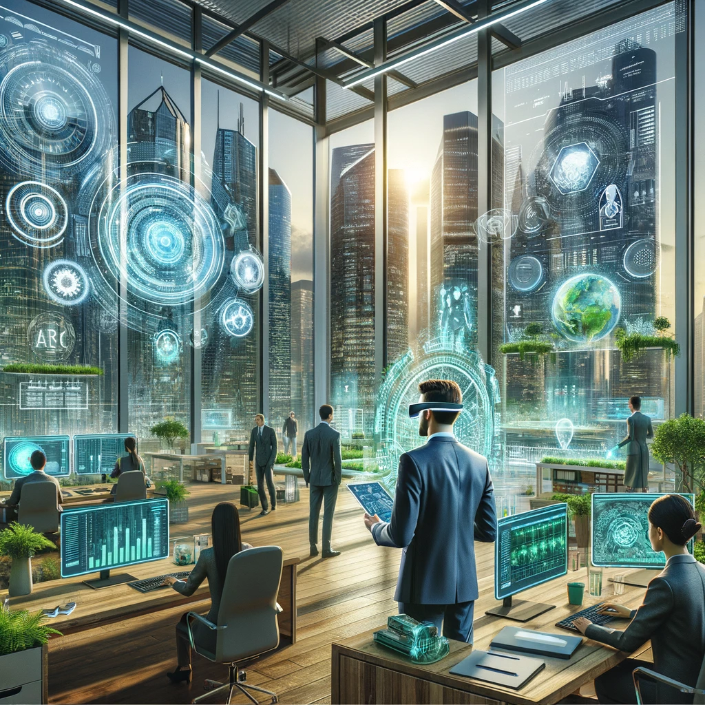 DALL·E 2024 03 05 11.46.37 Create a hyper realistic image showcasing a future project management office incorporating elements from the series themes such as advanced AI interf